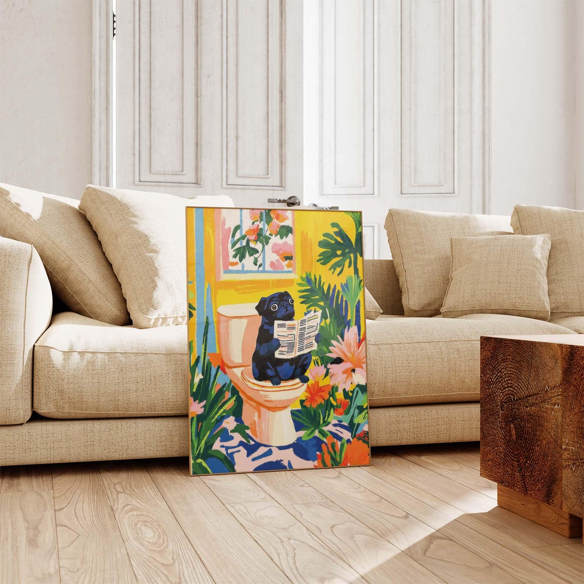 Black Pug Sitting On Toilet Reading Newspaper Tropical Poster - Image 3