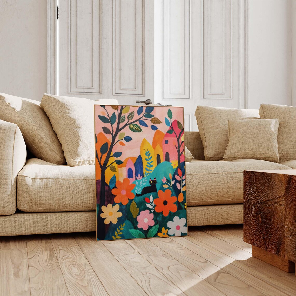 Black Cat in Matisse Style Village Flower Garden Bold Art Poster - Image 4