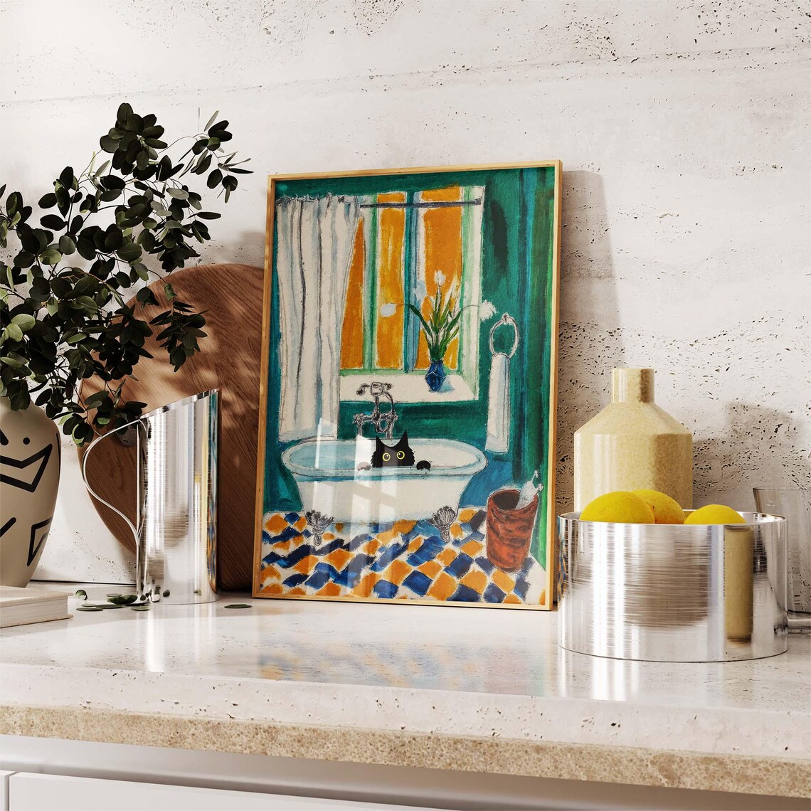 Black Cat Peekaboo In Bathtub Matisse Inspired Green Bathroom Art Poster - Image 2