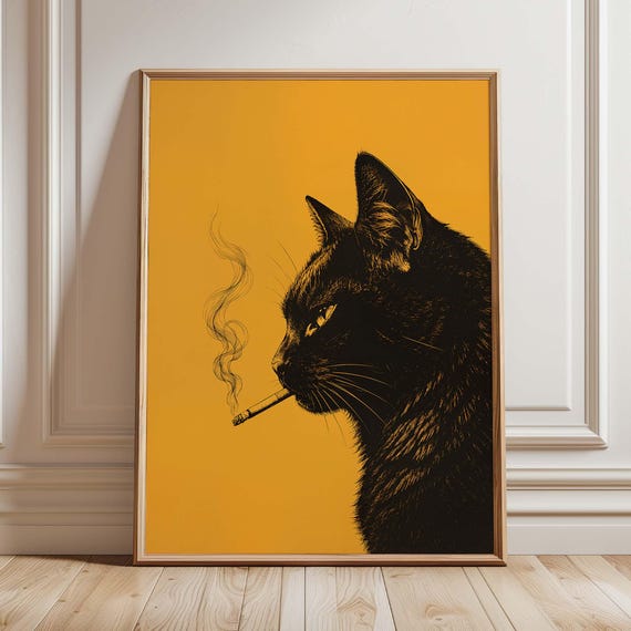 Black Cat Smoking A Cigarette Vintage Poster Art Retro Whimsical Print Funny Animal Wall Decor For Bar Cart Quirky Kitchen