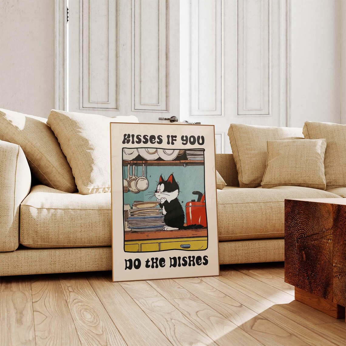 Kisses If You Do The Dishes Funny Cat With Stack Of Plates Retro Poster - Image 2