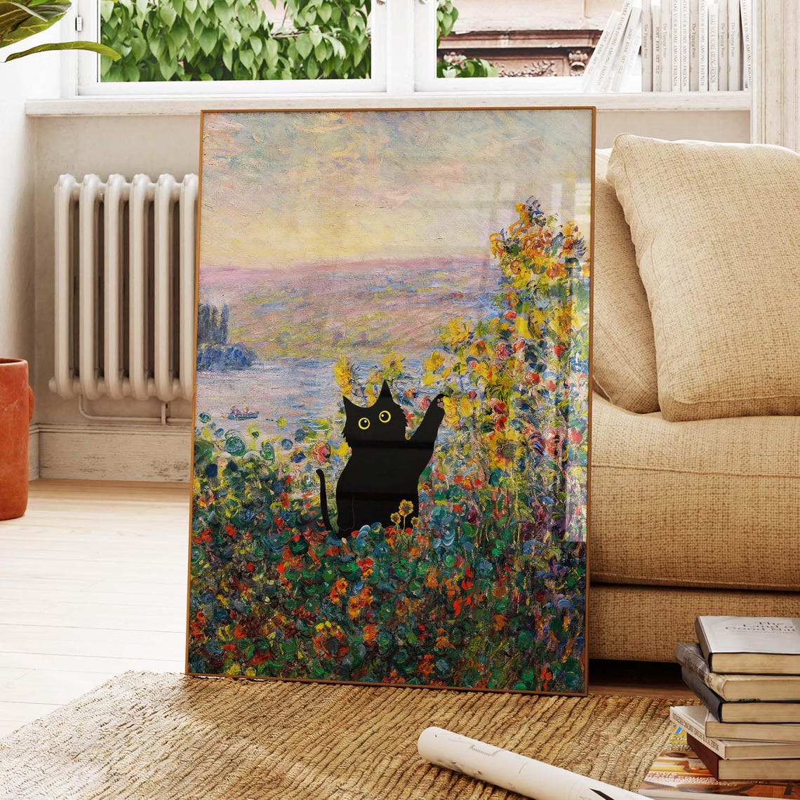 Black Cat Among Monet Style Wildflowers by the Blue Water Poster
