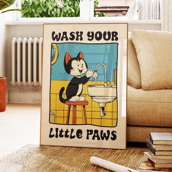 Wash Your Little Paws Cute Cat At The Sink Retro Bathroom Poster