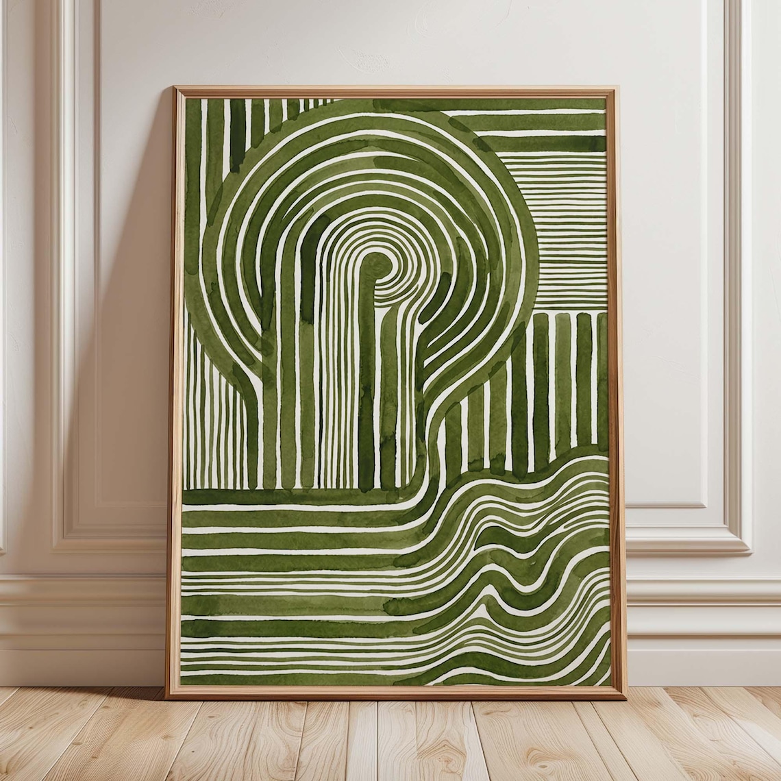 Abstract Green Line Art, Mid-Century Modern Geometric