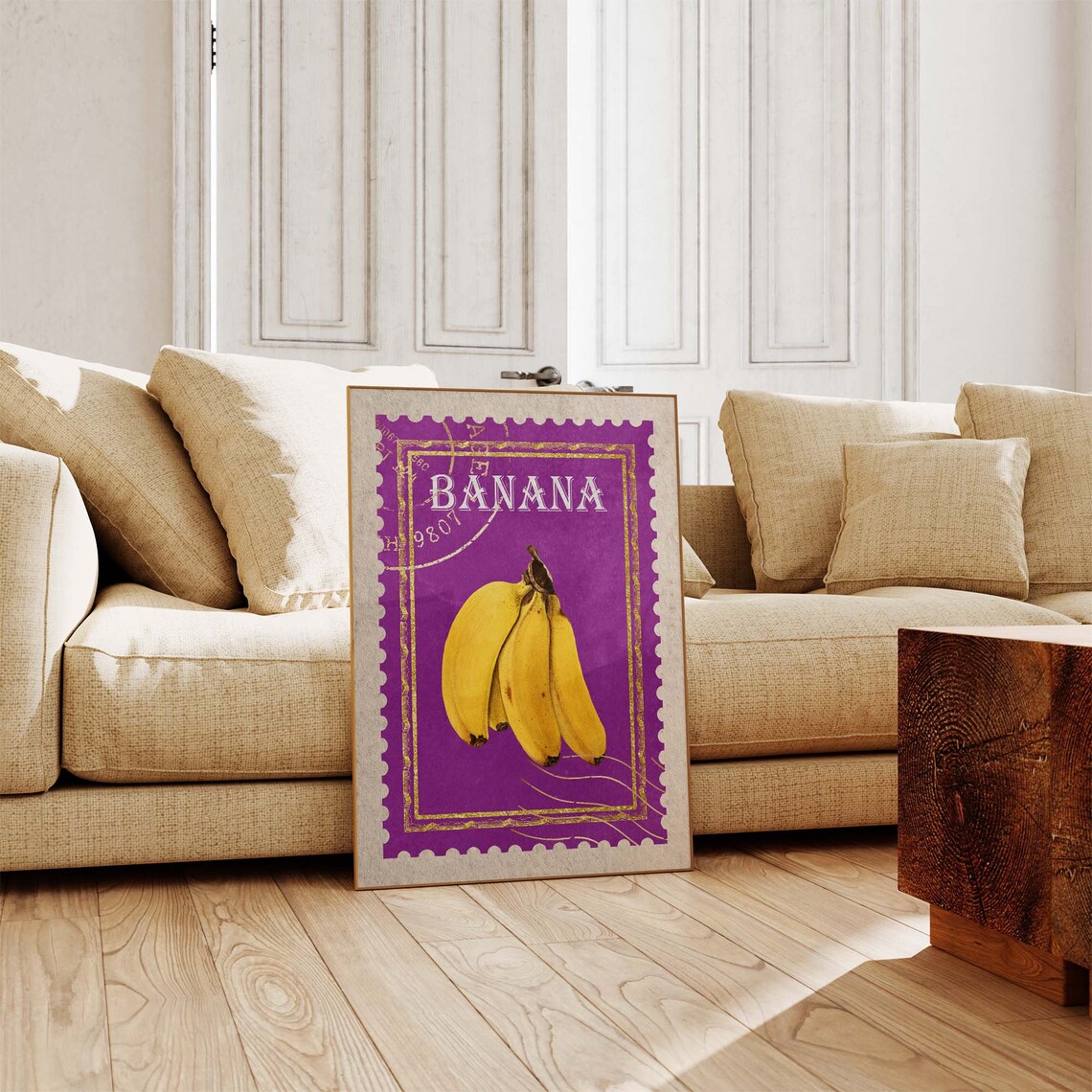 Banana Bunch Vintage Postage Stamp Design on Purple Background Poster - Image 2