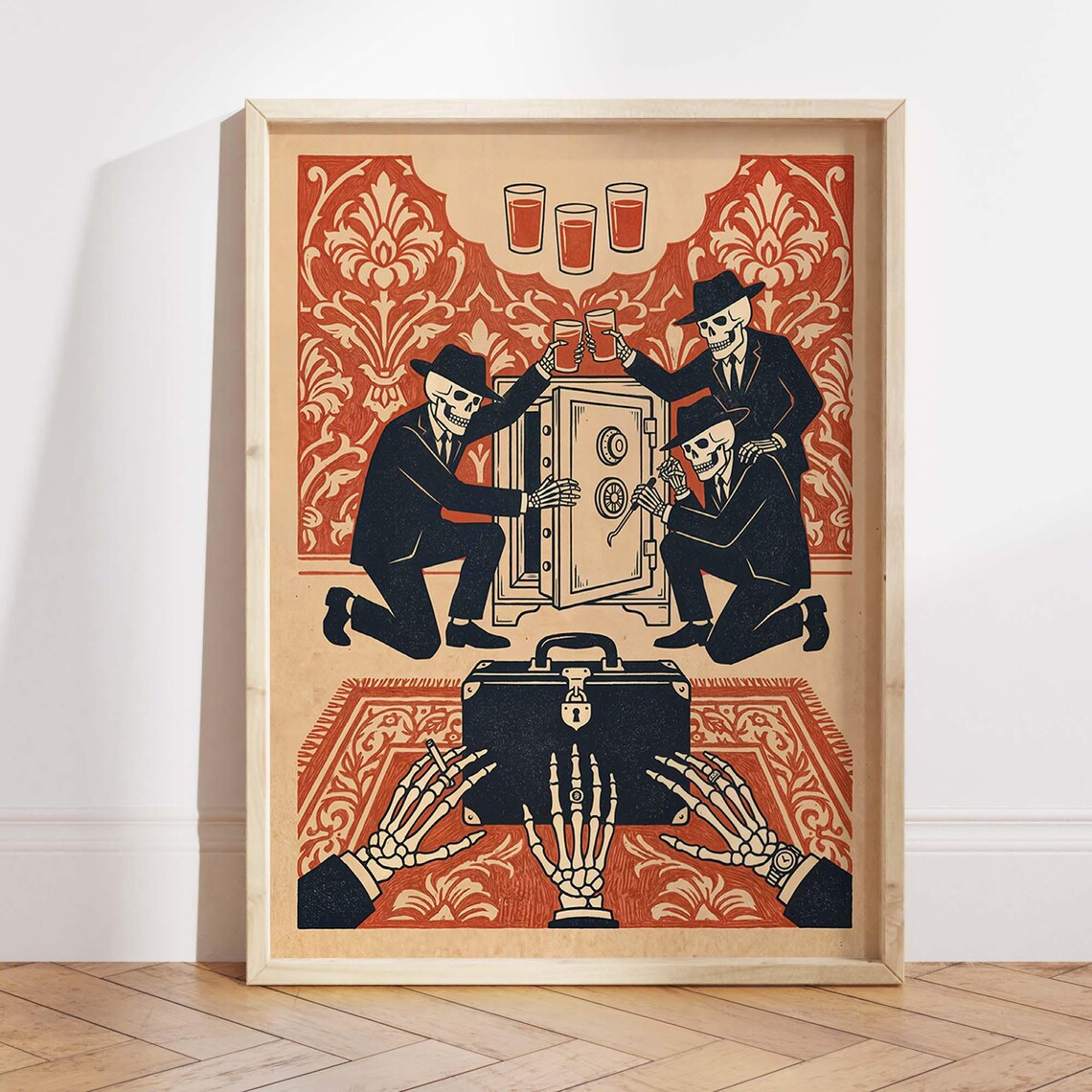 Skeleton Gangster Mexican Print, Vintage Noir Decor
