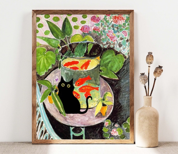 Black Cat Beside A Goldfish Bowl In A Lush Floral Garden Poster