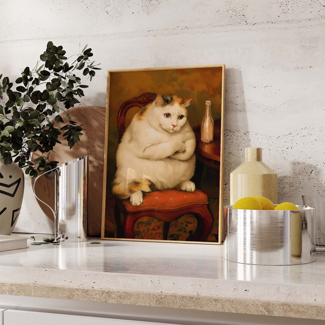 Chubby Calico Cat Lounging On Red Chair Next To Bottle Painterly Poster - Image 2