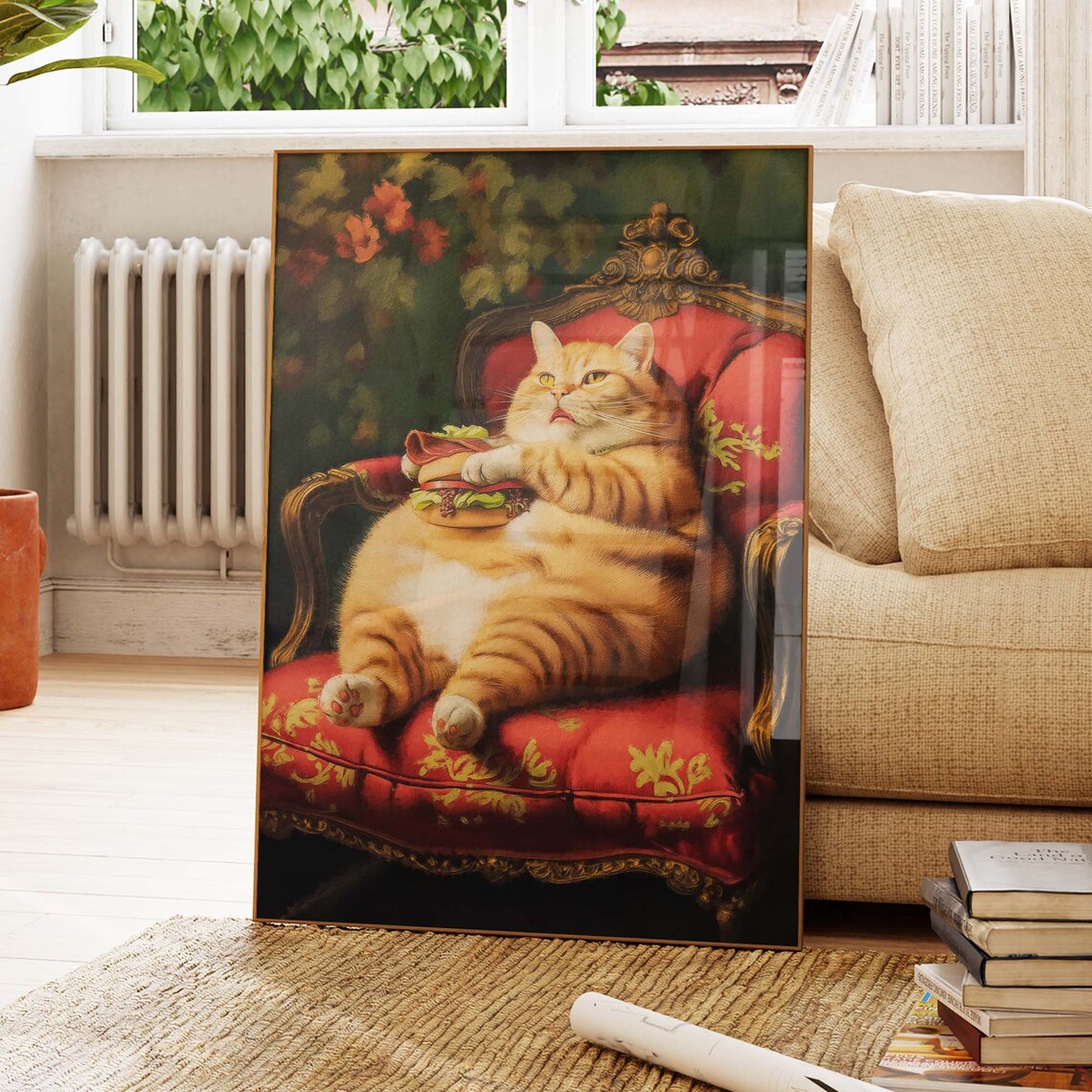 Funny Fat Orange Cat Burger Poster, Humorous Cat Art