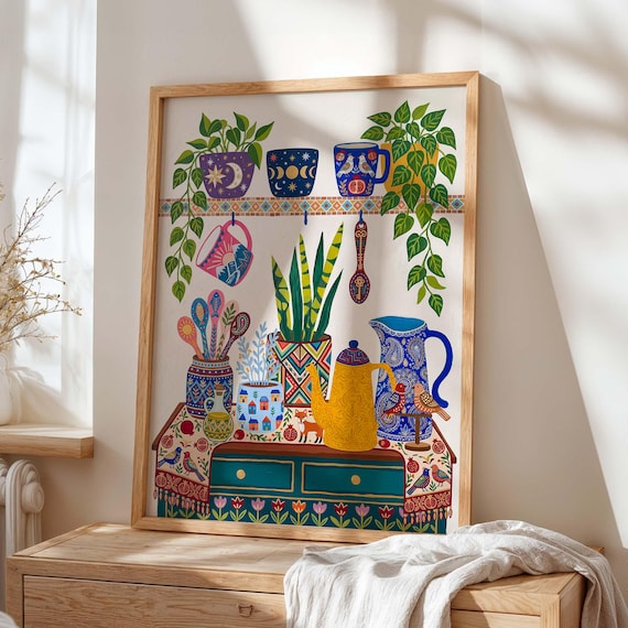Boho Kitchen Wall Art Print Folk Shelf Poster Colorful Houseplant And Pottery Decor For Dining Room