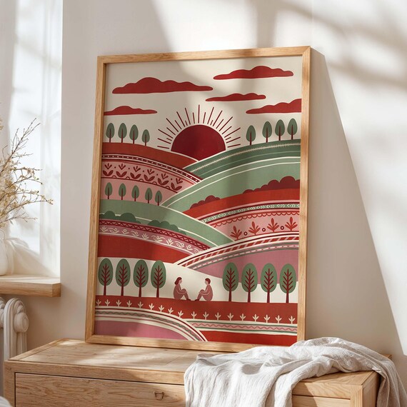 Abstract Folk Art Sunset Print Rolling Hills Nature Wall Decor