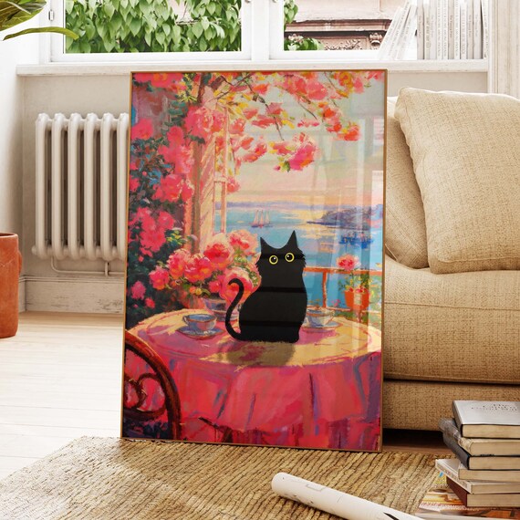 Black Cat On Cafe Table Overlooking Pink Blossom Seaside Harbor Poster