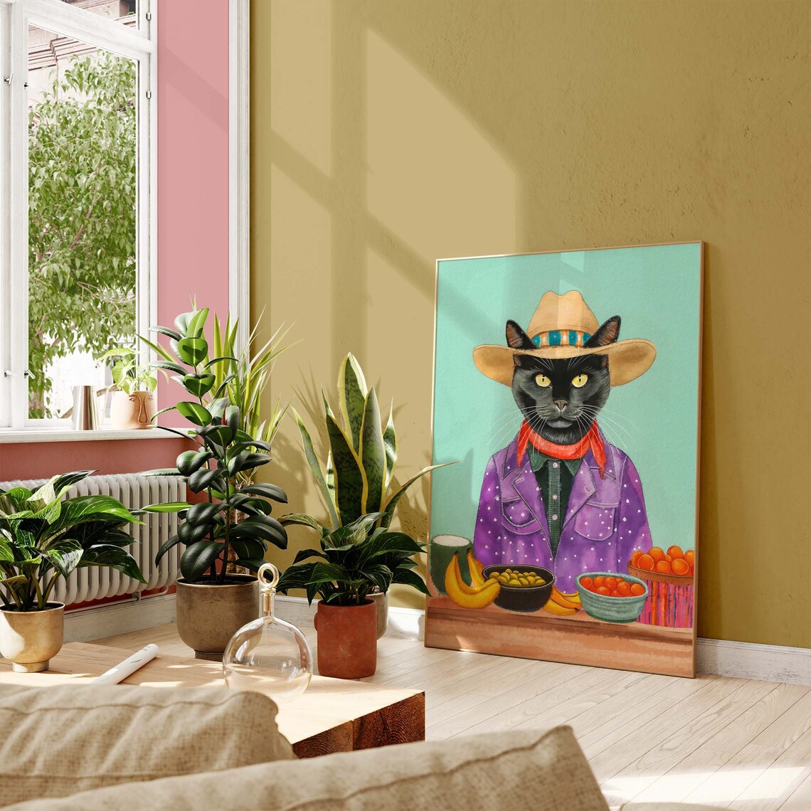 Cowboy Cat Selling Fresh Fruit at a Market Stand with Bananas Poster - Image 2