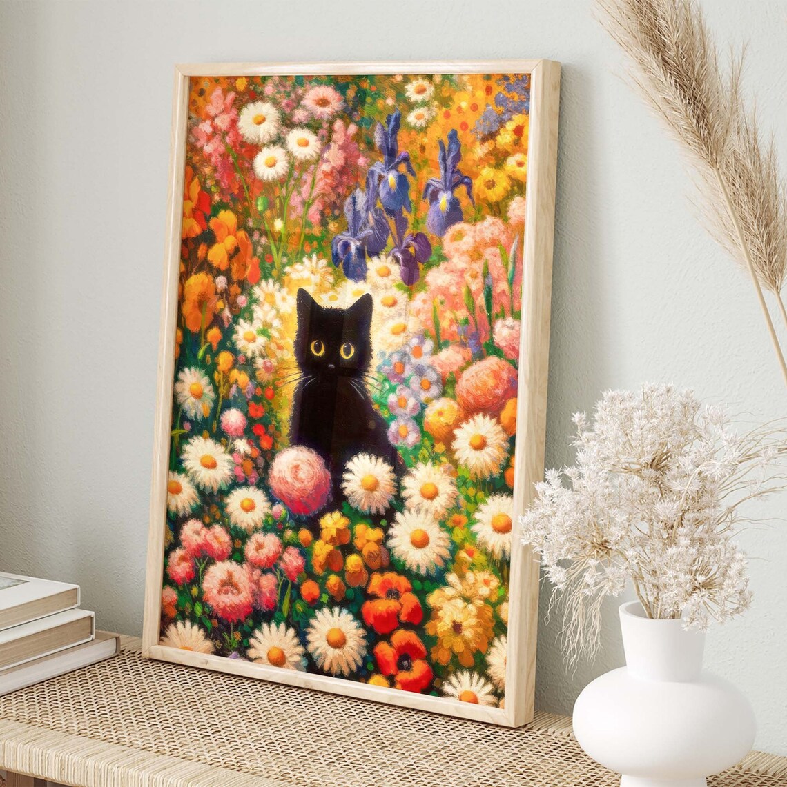 Black Cat Resting in Impressionist Flower Garden Meadow Poster - Image 4