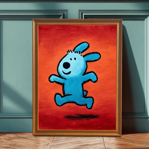 Happy Blue Bunny Jumping on Red Background Playful Cartoon Animal Poster
