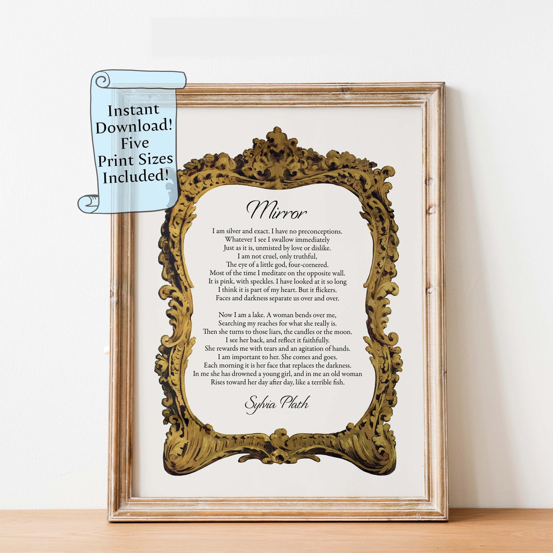 Sylvia Plath Mirror Poem Ornate Baroque Gold Frame Literary Poster