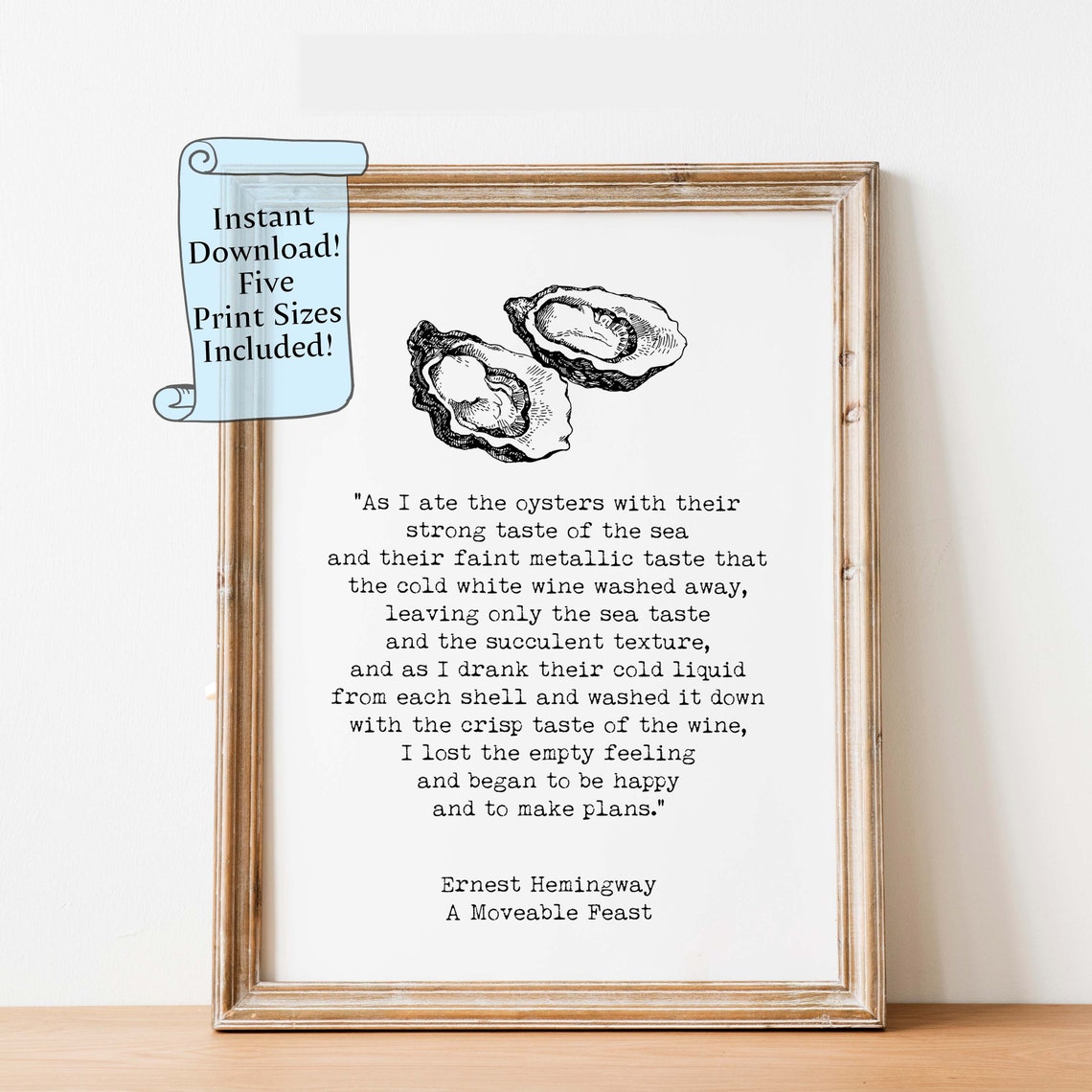 Ernest Hemingway Oyster Quote A Moveable Feast Literary Poster