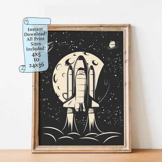 Retro Space Shuttle Launch Before Full Moon Night Sky Art Poster
