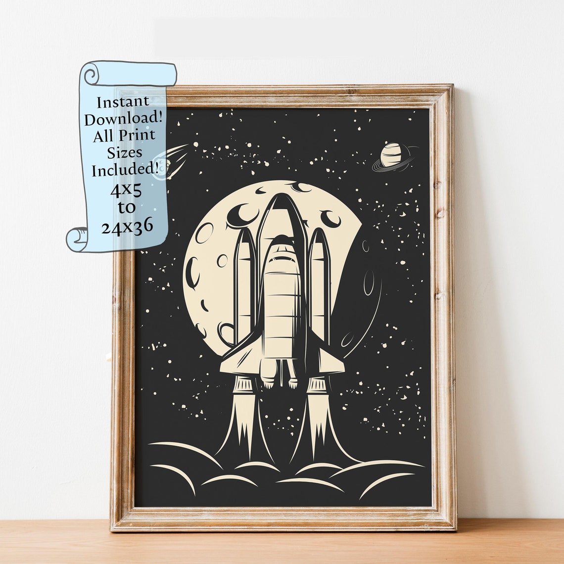 Retro Space Shuttle Launch Before Full Moon Night Sky Art Poster