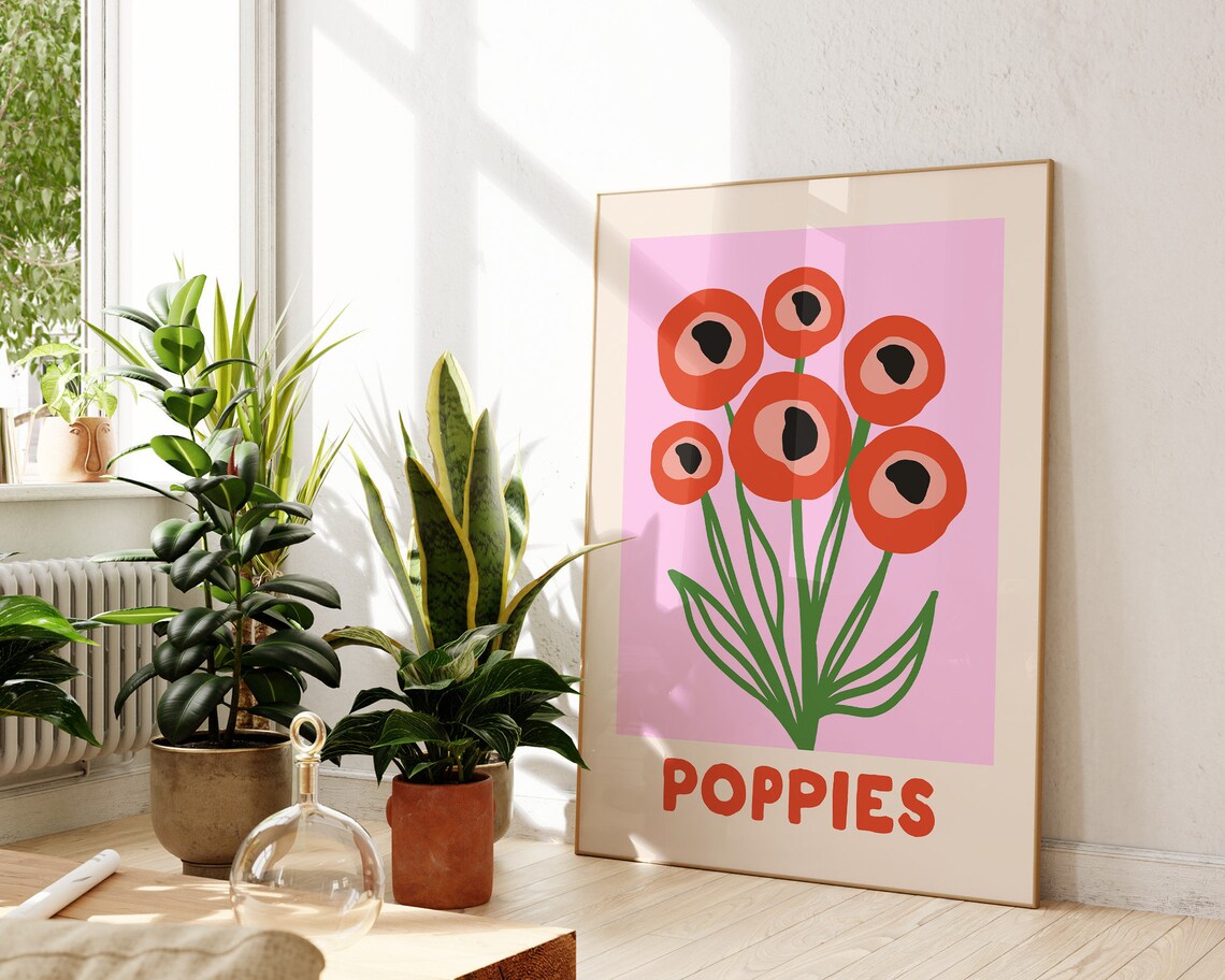 Bold Red Poppy Flower Bouquet Poppies Pink Botanical Art Poster - Image 2