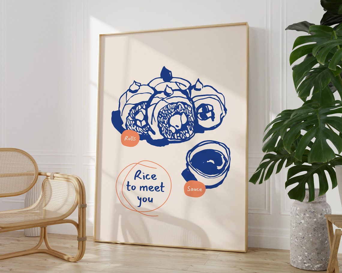 Rice To Meet You Sushi Pun Japanese Food Funny Blue Kitchen Poster - Image 3