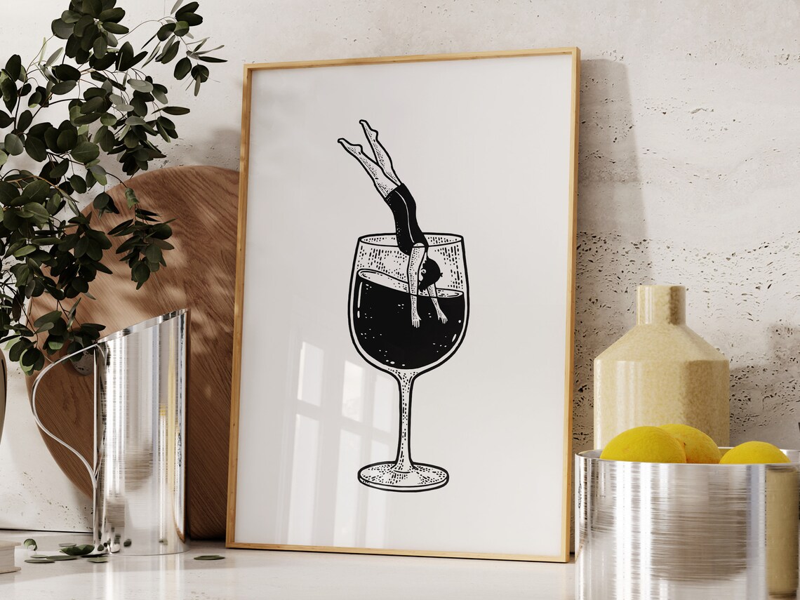 Woman Diving Into Wine Glass Funny Bar Cart Minimal Black Art Poster - Image 3