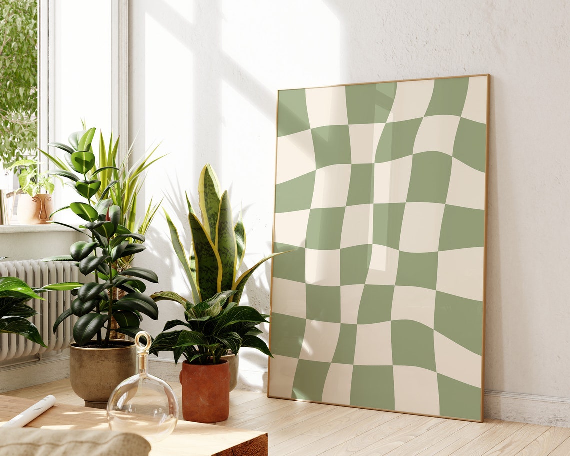 Sage Green Wavy Checkered Retro Abstract Checkerboard Poster