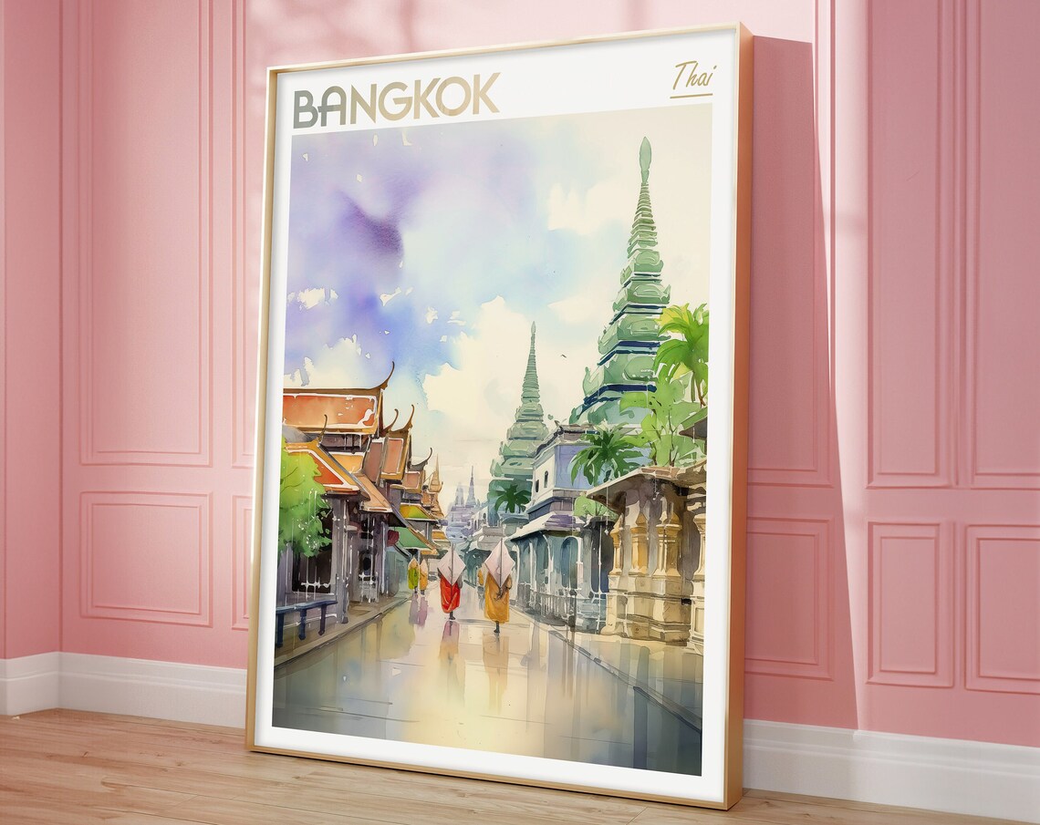 Bangkok Thailand Golden Temple Monks Watercolor City Travel Poster