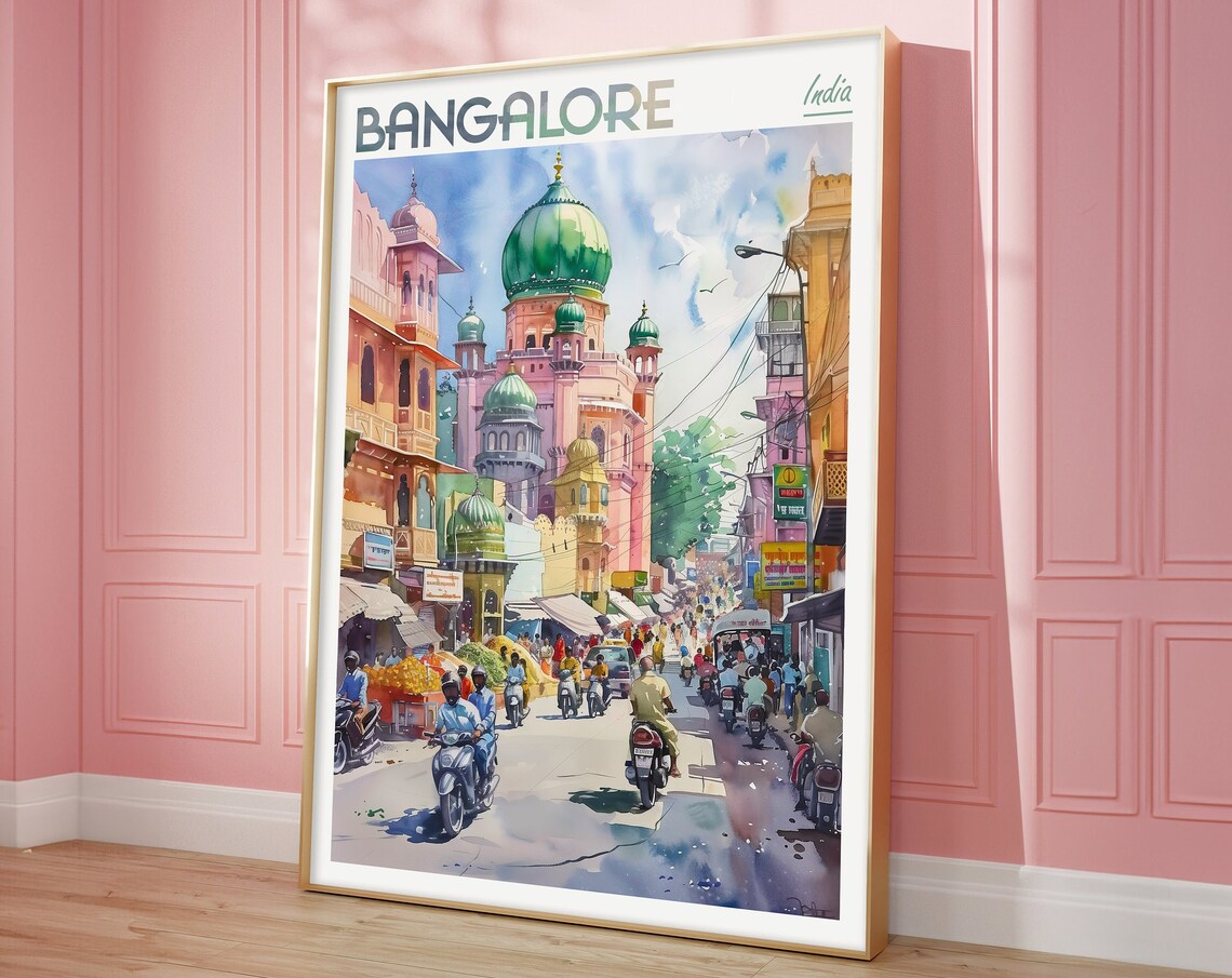Bangalore India Bustling Market Street Watercolor City Travel Poster
