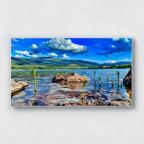 Water Surface Wall Art Landscape With View From Water Surface With Sky And Mountain In Background