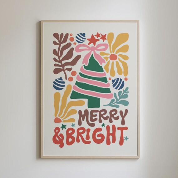 Merry And Bright Pink Retro Christmas Tree Holiday Decor Poster
