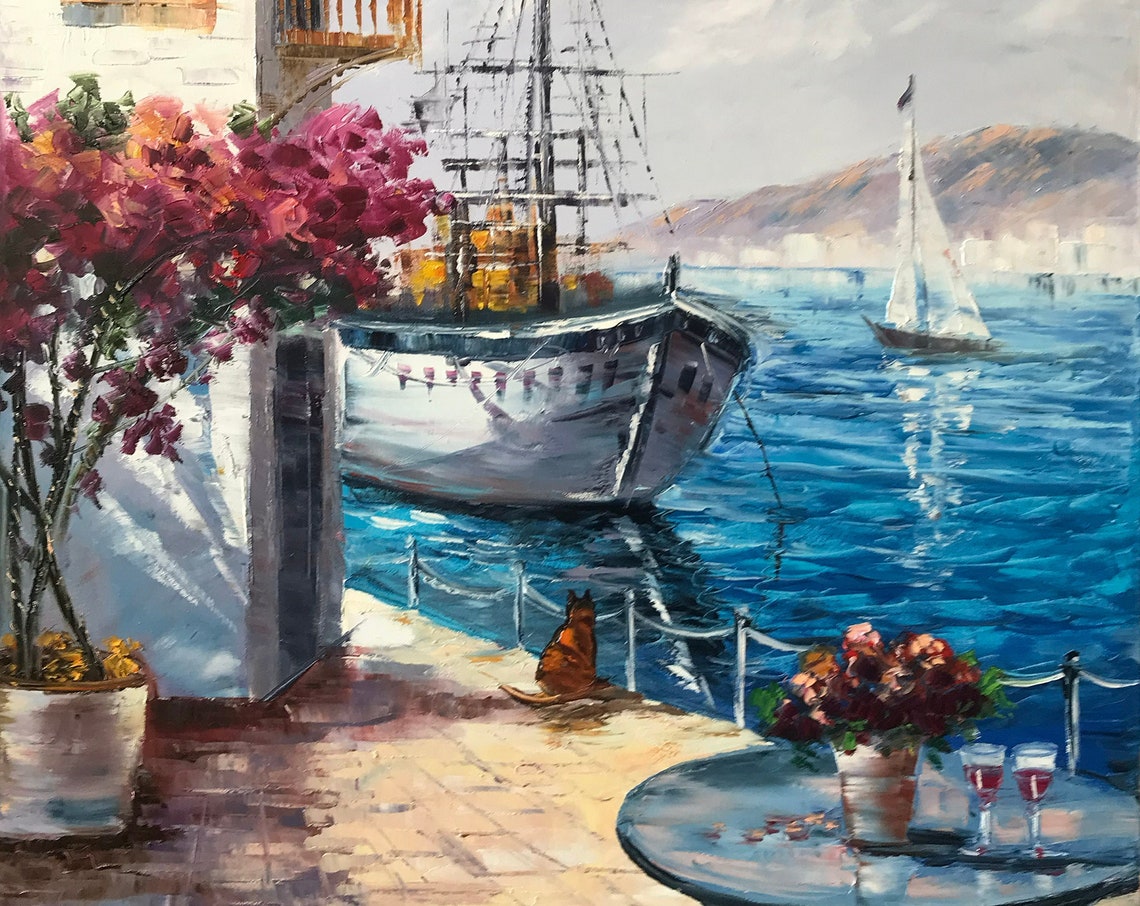 Greece Oil Painting Original Framed Oil Painting Of Greek Villas Mediterranean Travel Painting On Greek Painting Greece Wall Art - Image 3