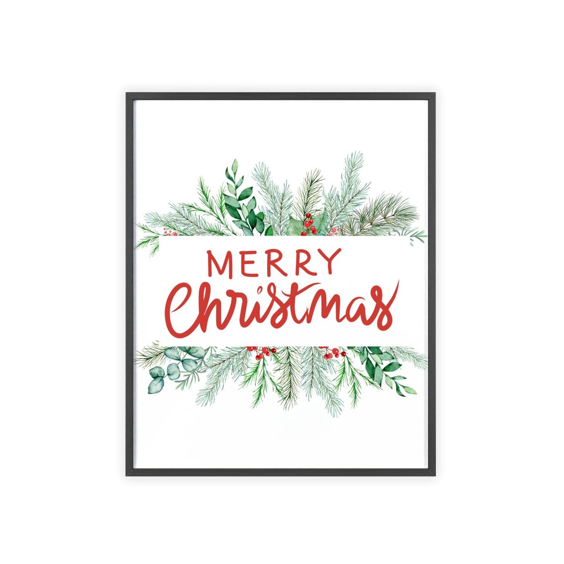 Merry Christmas Red Script Watercolor Pine Eucalyptus Poster