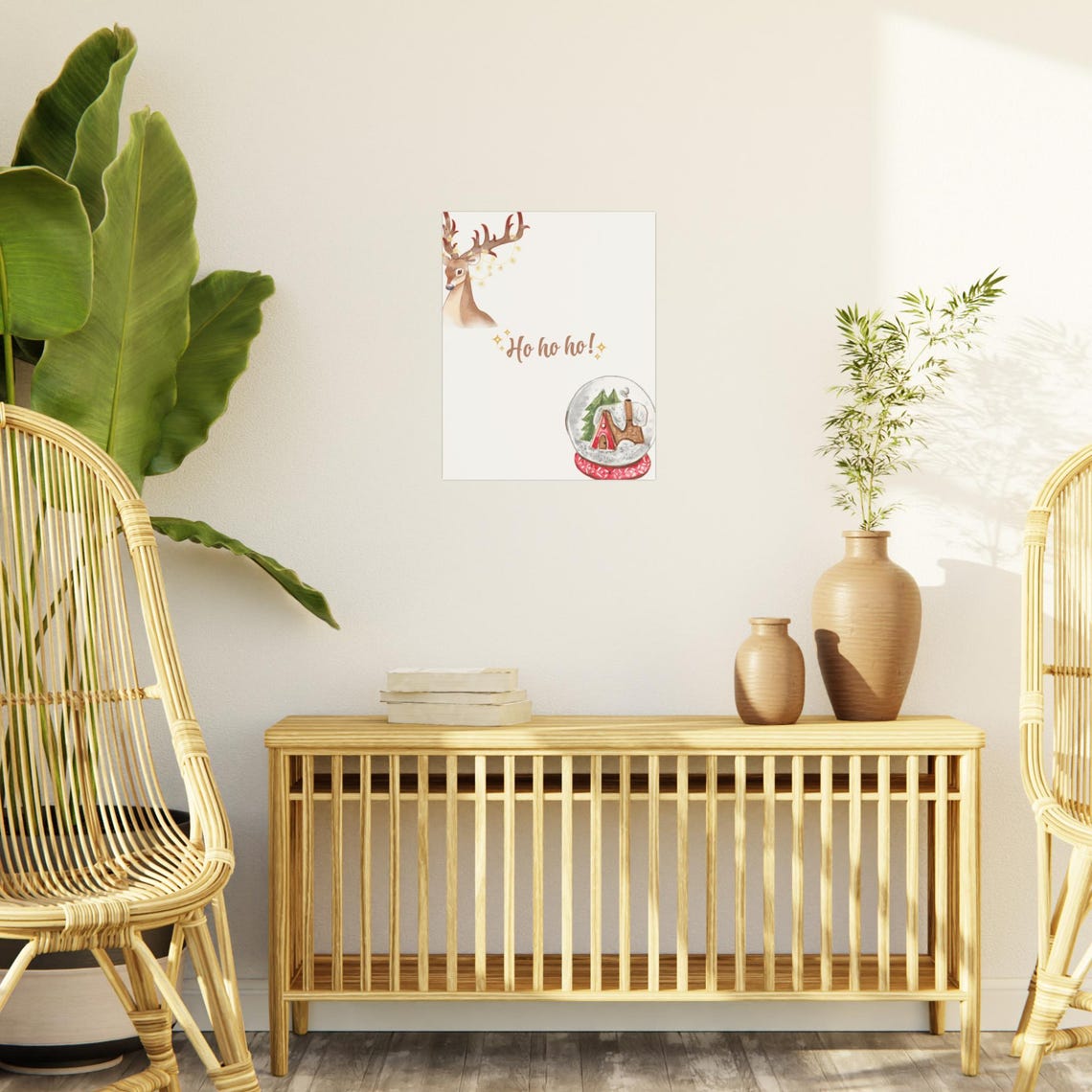 Ho Ho Ho Watercolor Reindeer And Snow Globe Christmas Poster - Image 2