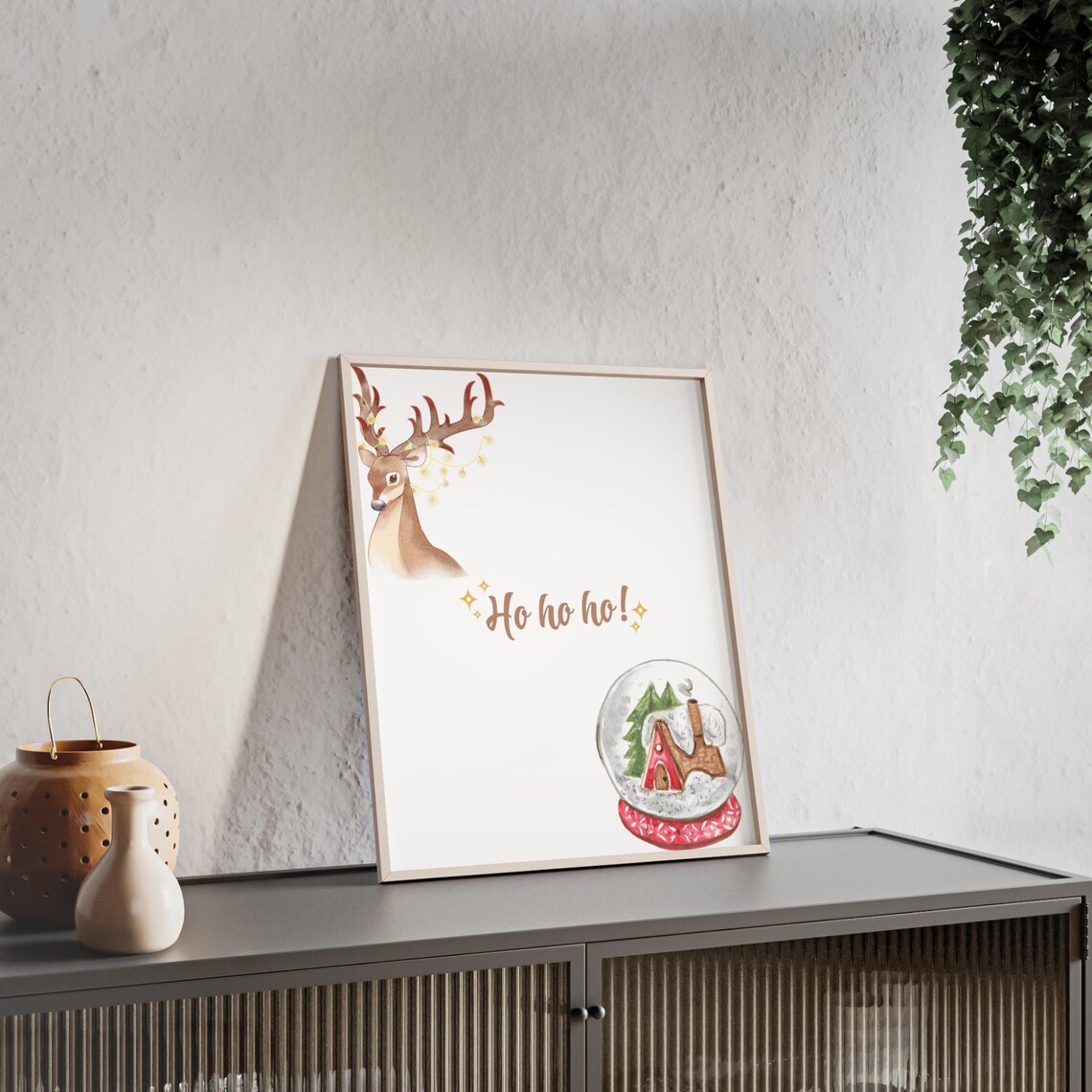 Ho Ho Ho Watercolor Reindeer And Snow Globe Christmas Poster - Image 3