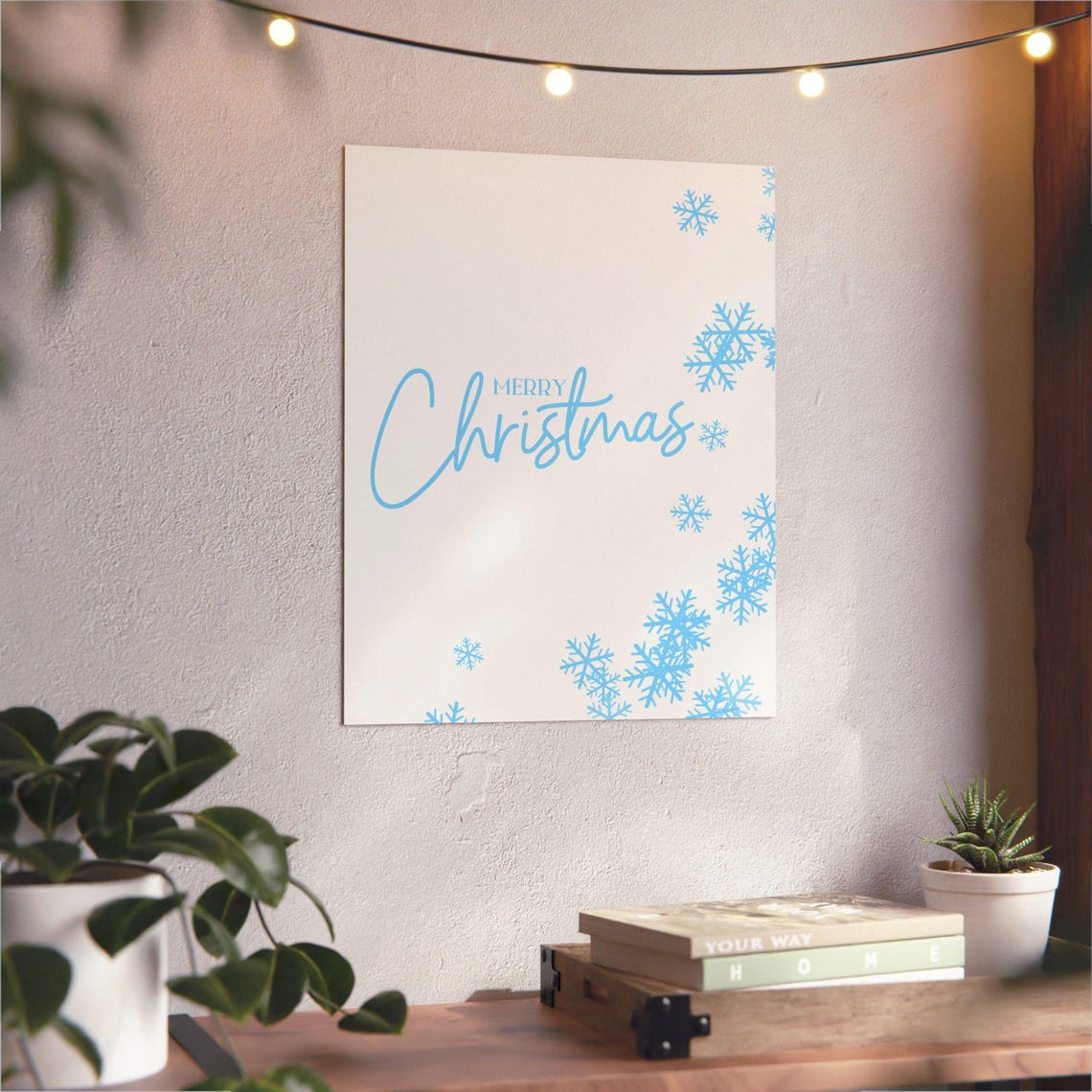 Merry Christmas Light Blue Script Snowflake Winter Holiday Poster - Image 3