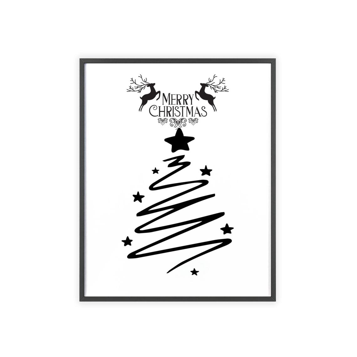 Merry Christmas Reindeer Line Art Tree Minimalist Black Poster - Image 3