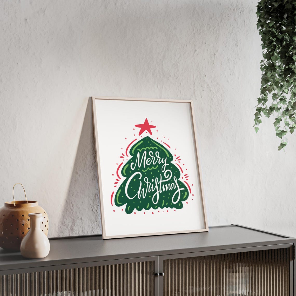 Merry Christmas Green Tree Shape With Red Star Holiday Poster Art
