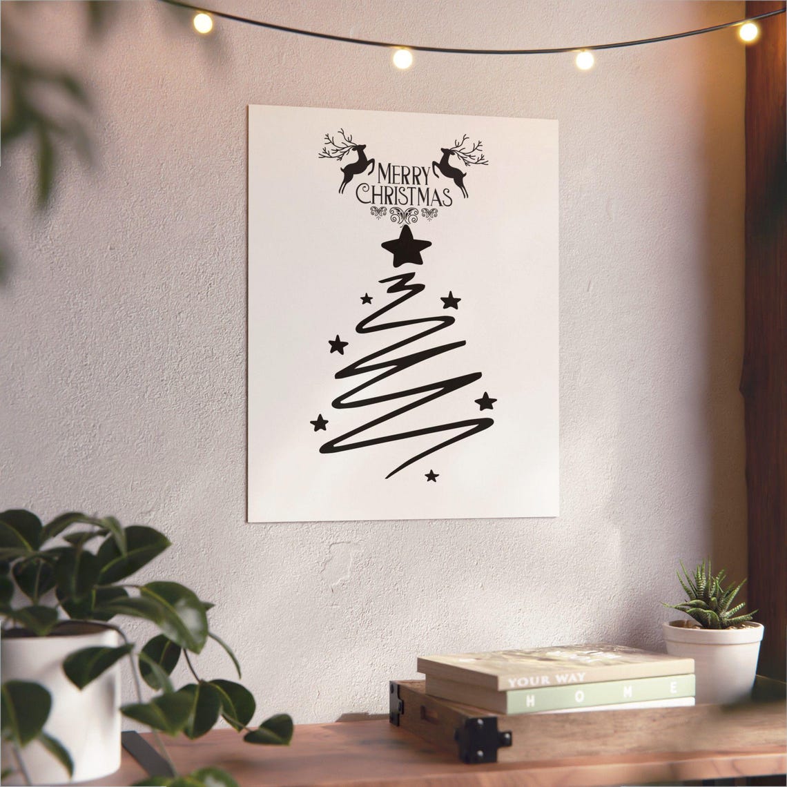 Merry Christmas Reindeer Line Art Tree Minimalist Black Poster
