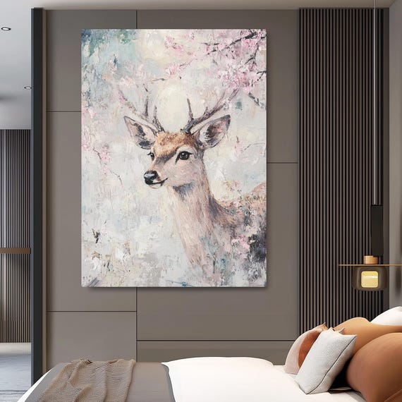 Soft Pastel Deer Canvas Wall Art Serene Mystical Animal Painting Luxury Cherry Blossom Stag Print Elegant Bedroom Nursery Decor