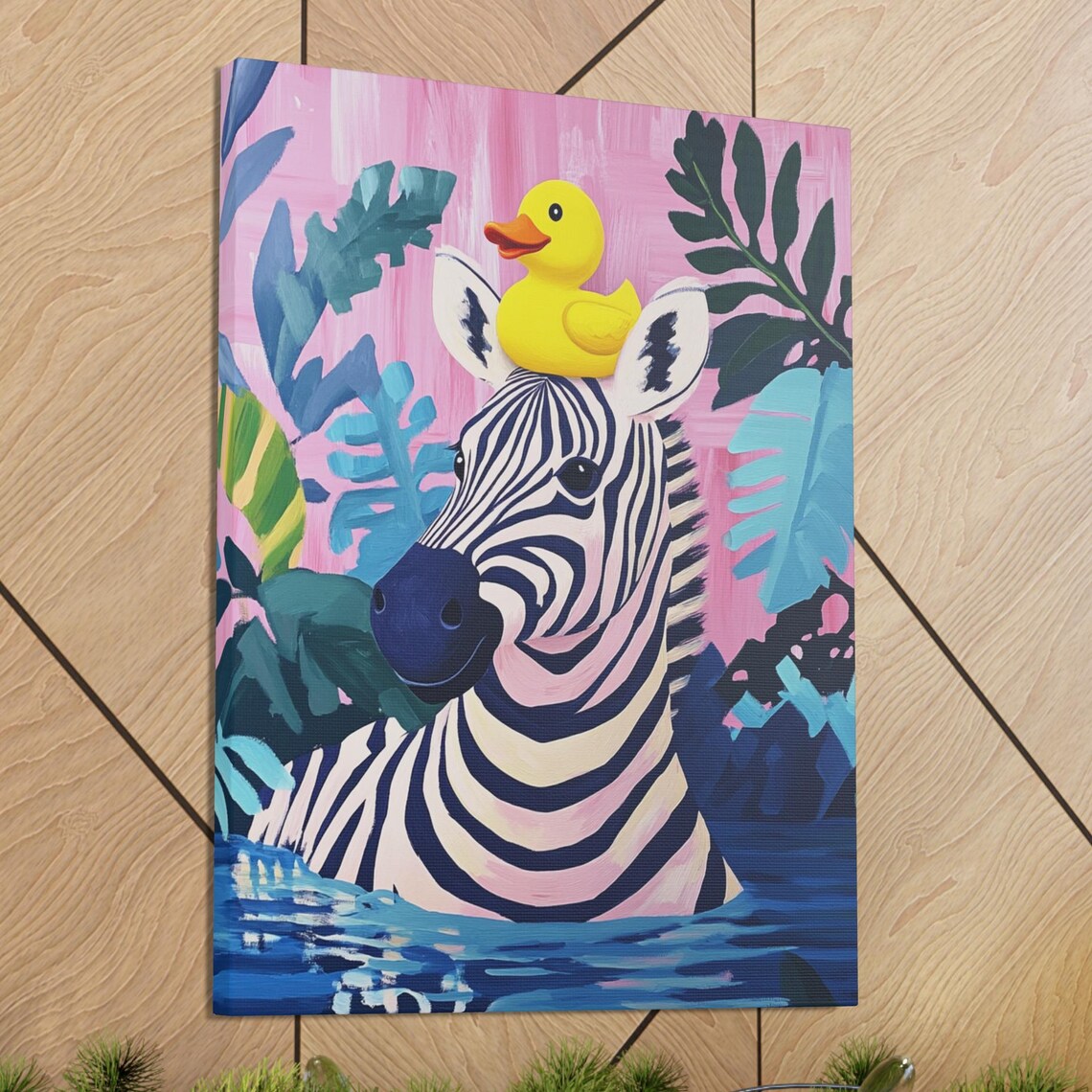 Cute Zebra Rubber Duck Canvas Art Pink Jungle Nursery Bathroom Wall Poster
