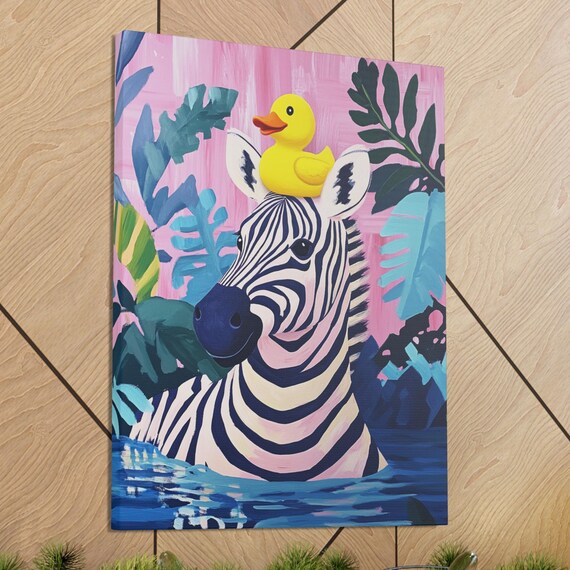 Cute Zebra Rubber Duck Canvas Art Pink Jungle Nursery Bathroom Wall Poster