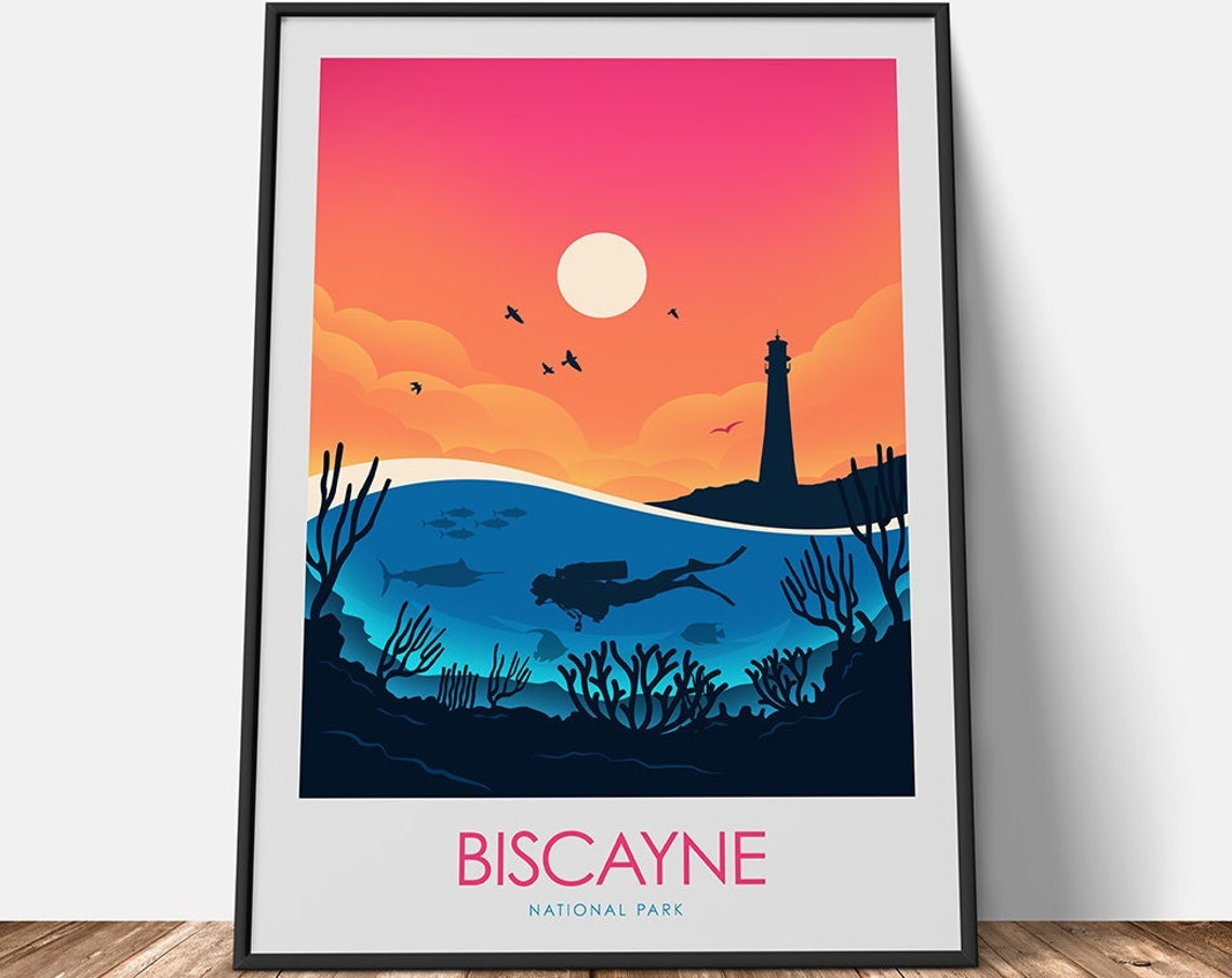 Biscayne National Park Florida Diver Reef Sunset Vintage Travel Poster - Image 3