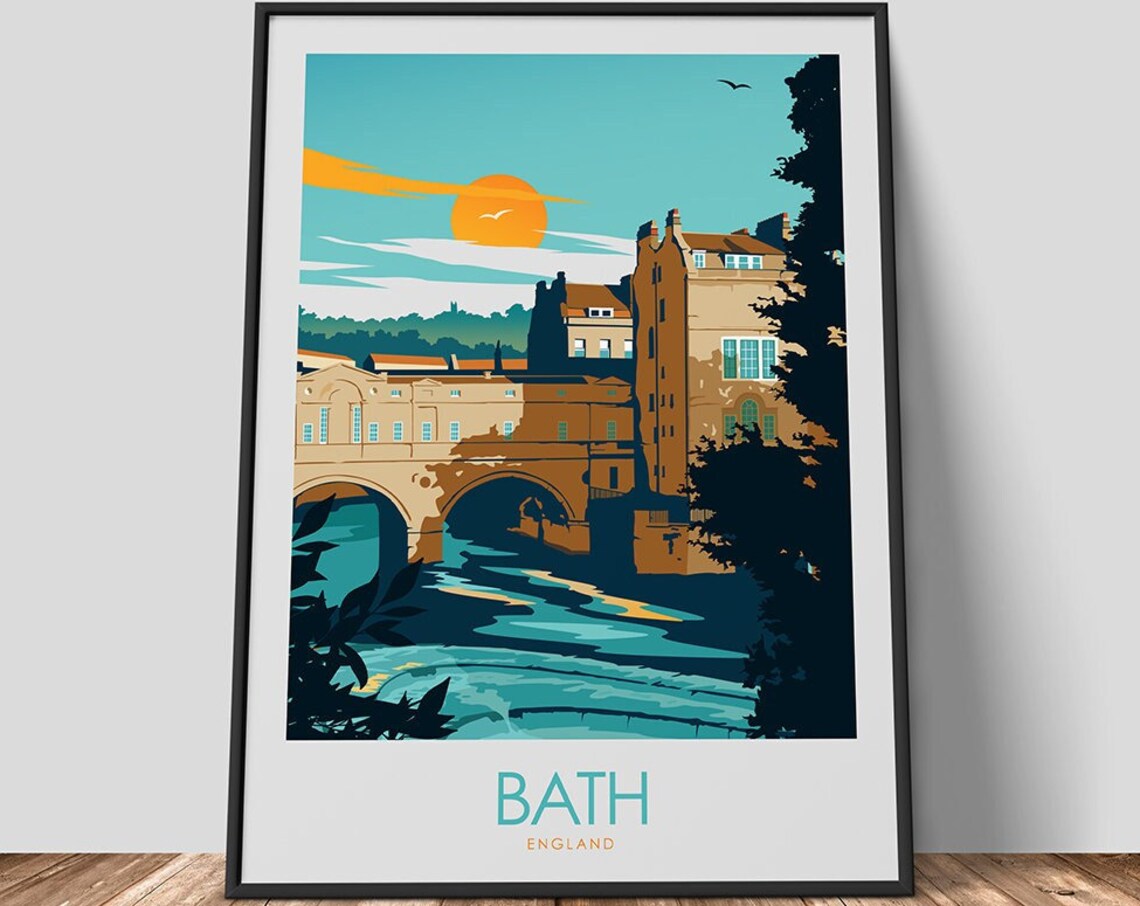 Bath England Pulteney Bridge River Avon Sunset Vintage Travel Poster - Image 2