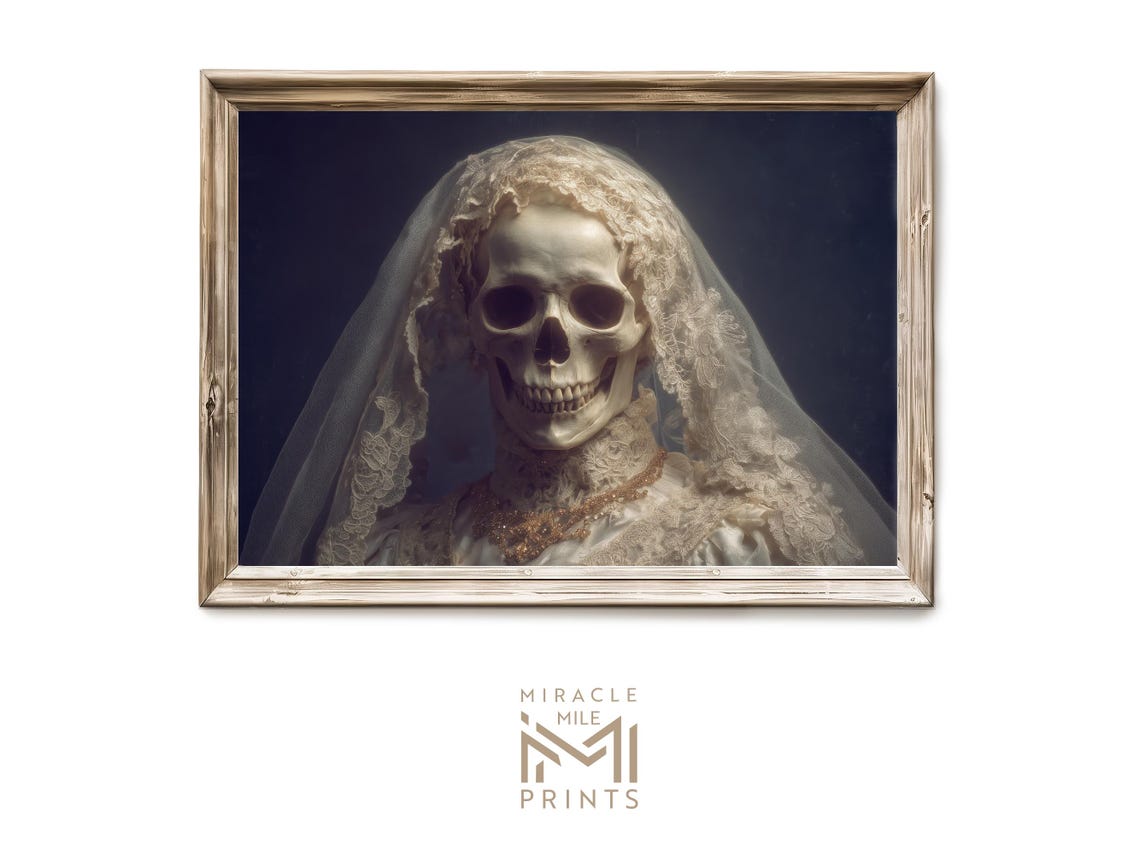 Skeleton Bride With Lace Veil Portrait Poster Dark Gothic Wedding Art