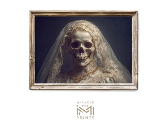 Halloween Gothic Bride Wall Art Victorian Skeleton In Decayed Veil Haunted Spooky Antique Portrait Dark Academia Decor 329