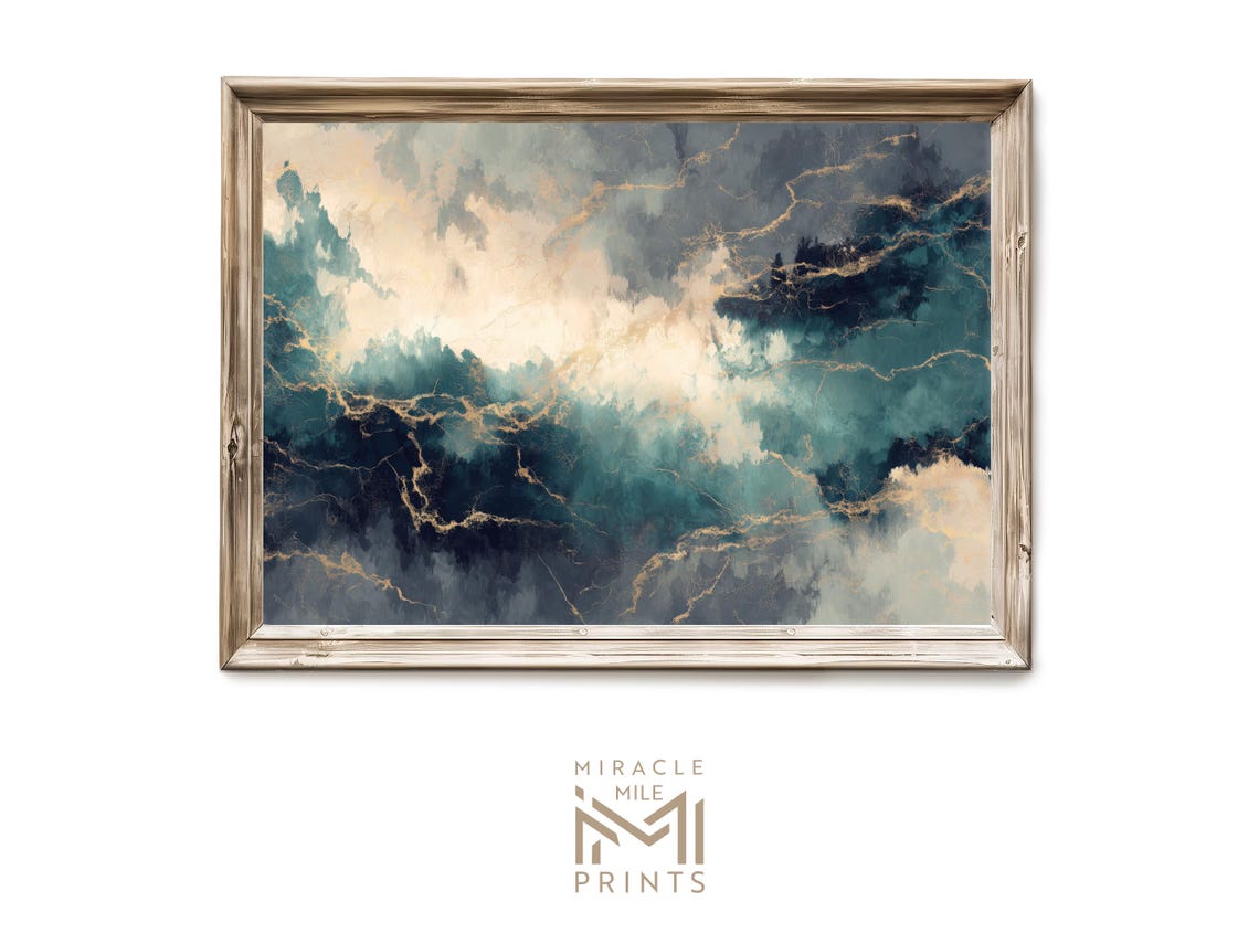 Teal Gold Veins Abstract Cloudy Neutral Modern Minimalist Wall Art
