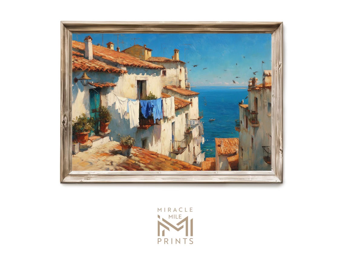 Mediterranean Hillside Village Laundry Sea View Summer Art Poster