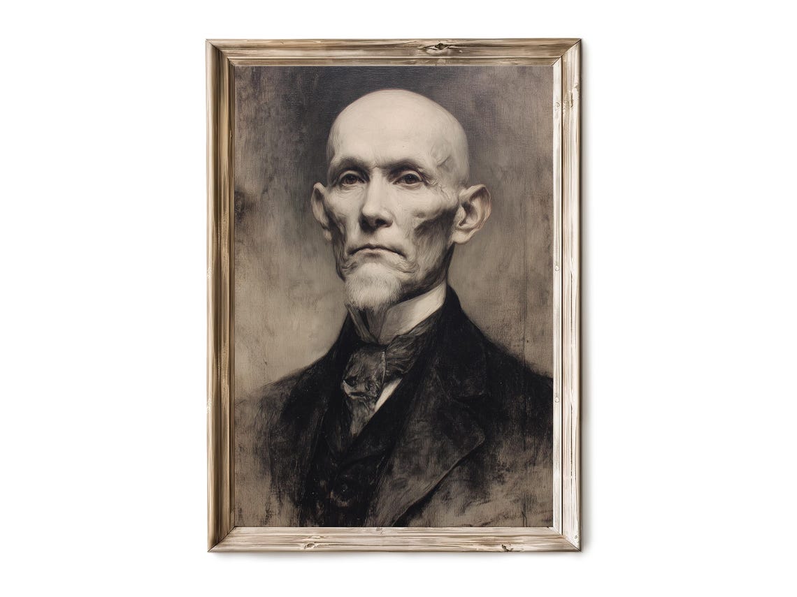 Victorian Elderly Bald Man Charcoal Portrait Sketch Antique Poster