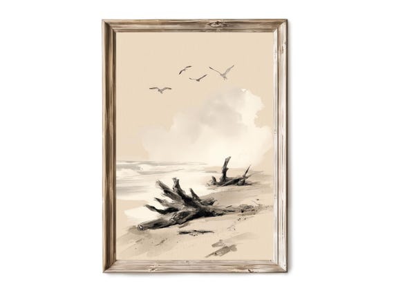 Minimal Beach Sketch Summer Print Vintage Driftwood Wall Art Coastal Nautical Decor Neutral Ocean Illustration 37